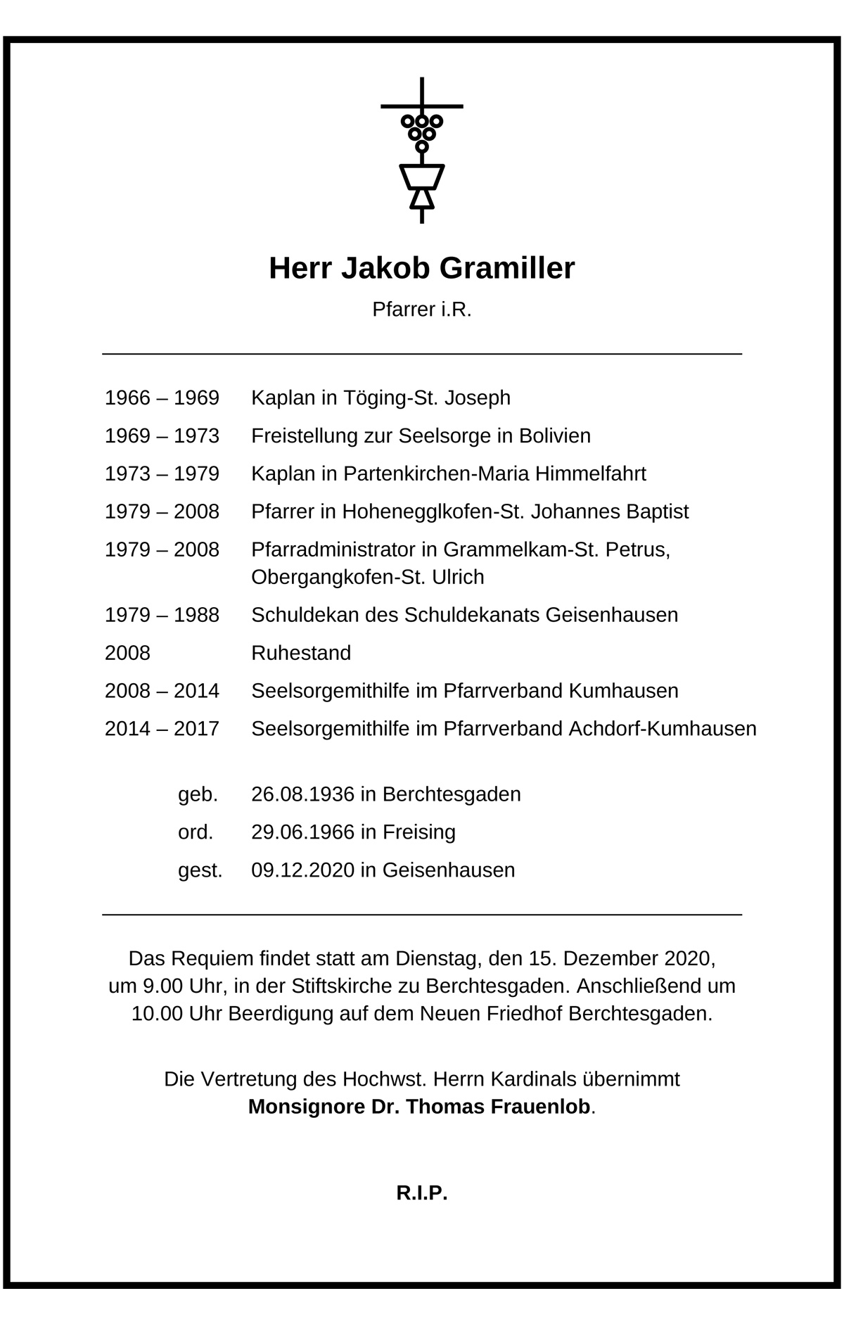 Lebenslauf von Pfarrer i.R. Jakob Gramiller