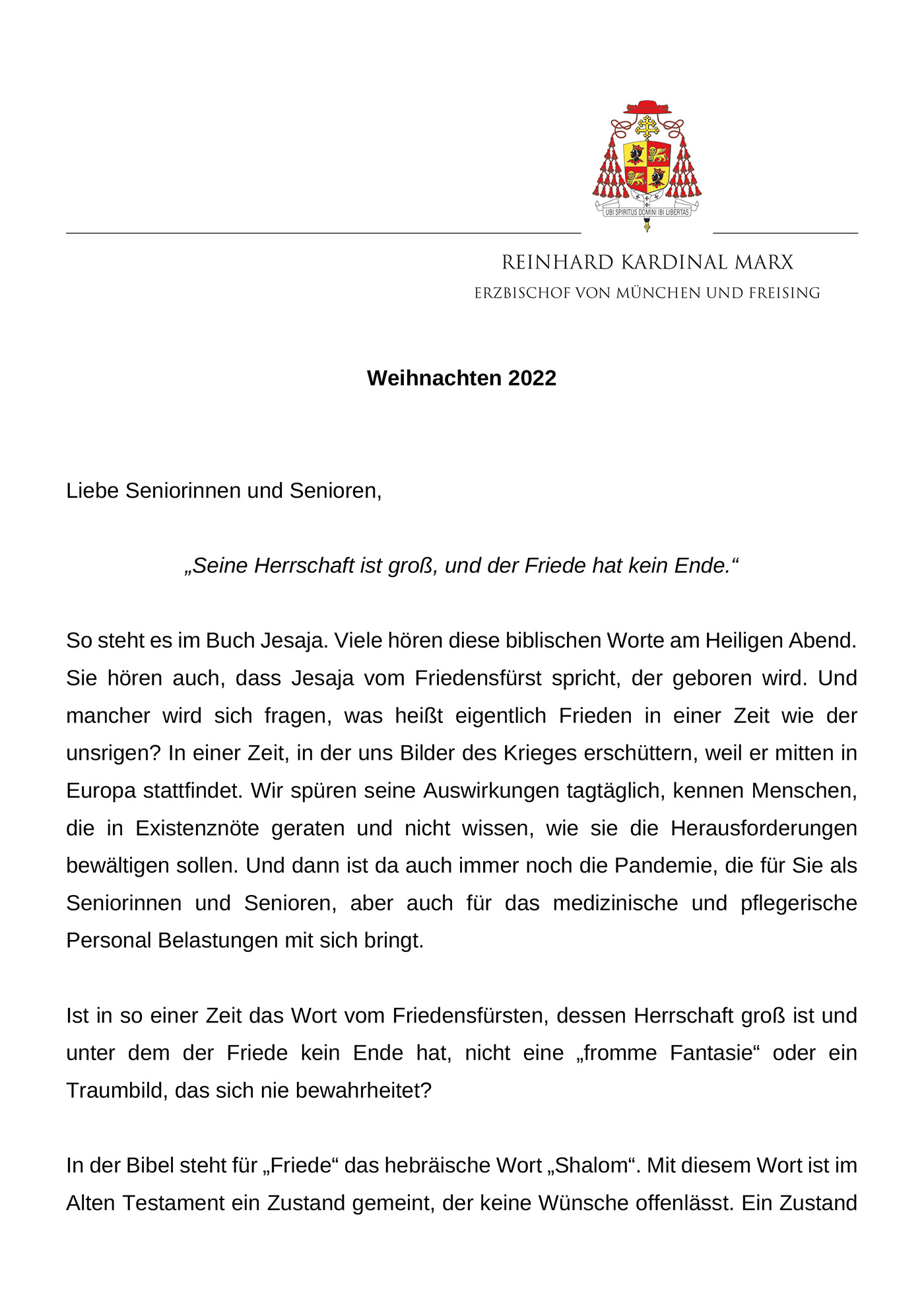 Weihnachtsgrüße von Reinhard Kardinal Marx an die Seniorinnen und Senioren