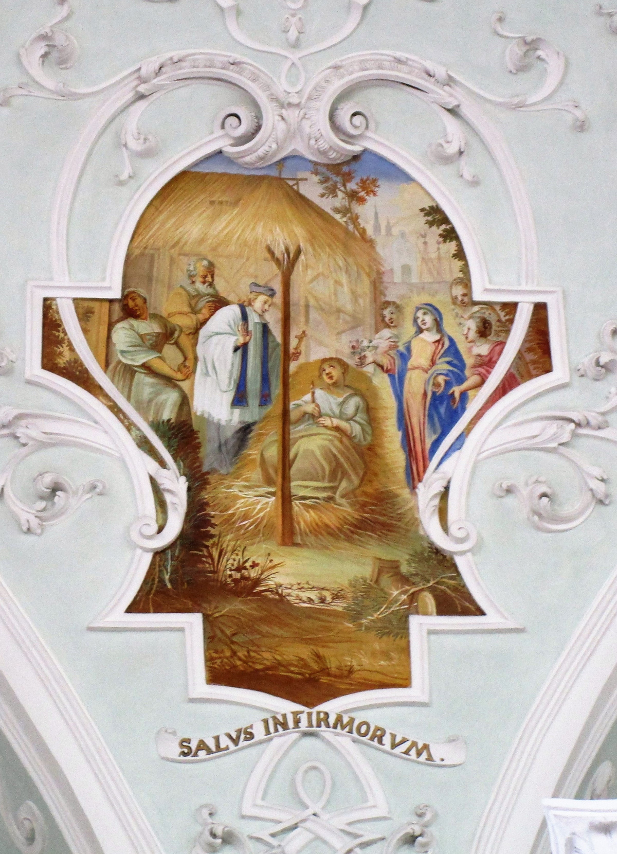 Kartuschenbild Maria Salus Infirmorum (Heil der Kranken) in der Wallfahrtskirche Mariä Heimsuchung in Ettenberg, Innozenz Anton Warathi (1725) 