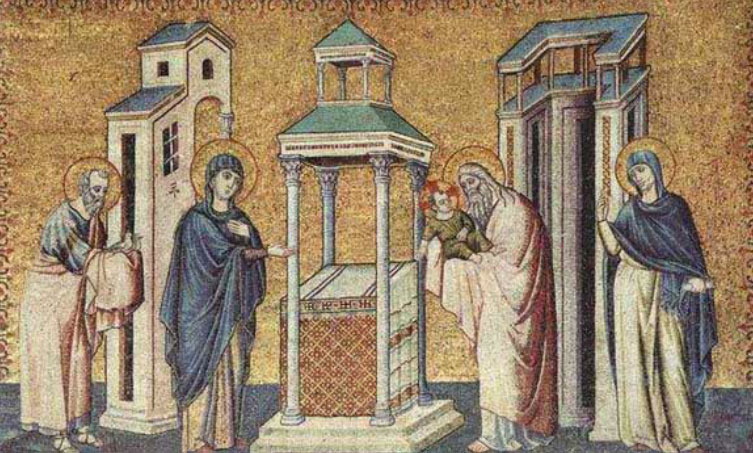 Darstellung des Jesusknaben im Tempel. Mit Simeon und der Prophetin Hanna.um 1291,  Mosaik. Rom, Santa Maria in Trastevere.